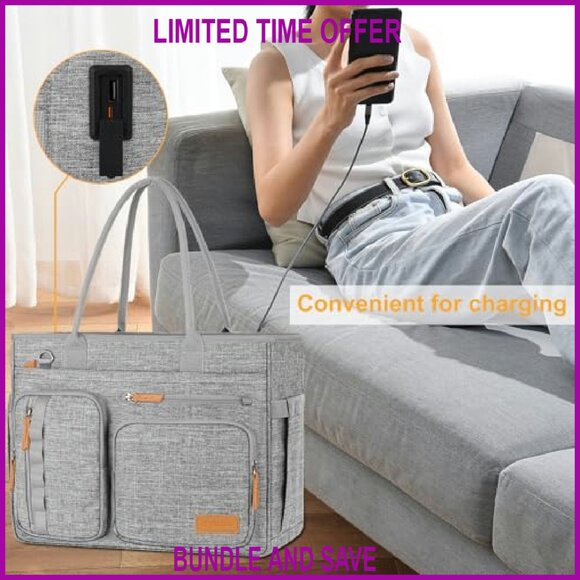 Large USB Charging Tote Bag with Laptop Sleeve for Work & Travel - Picture 8 of 8